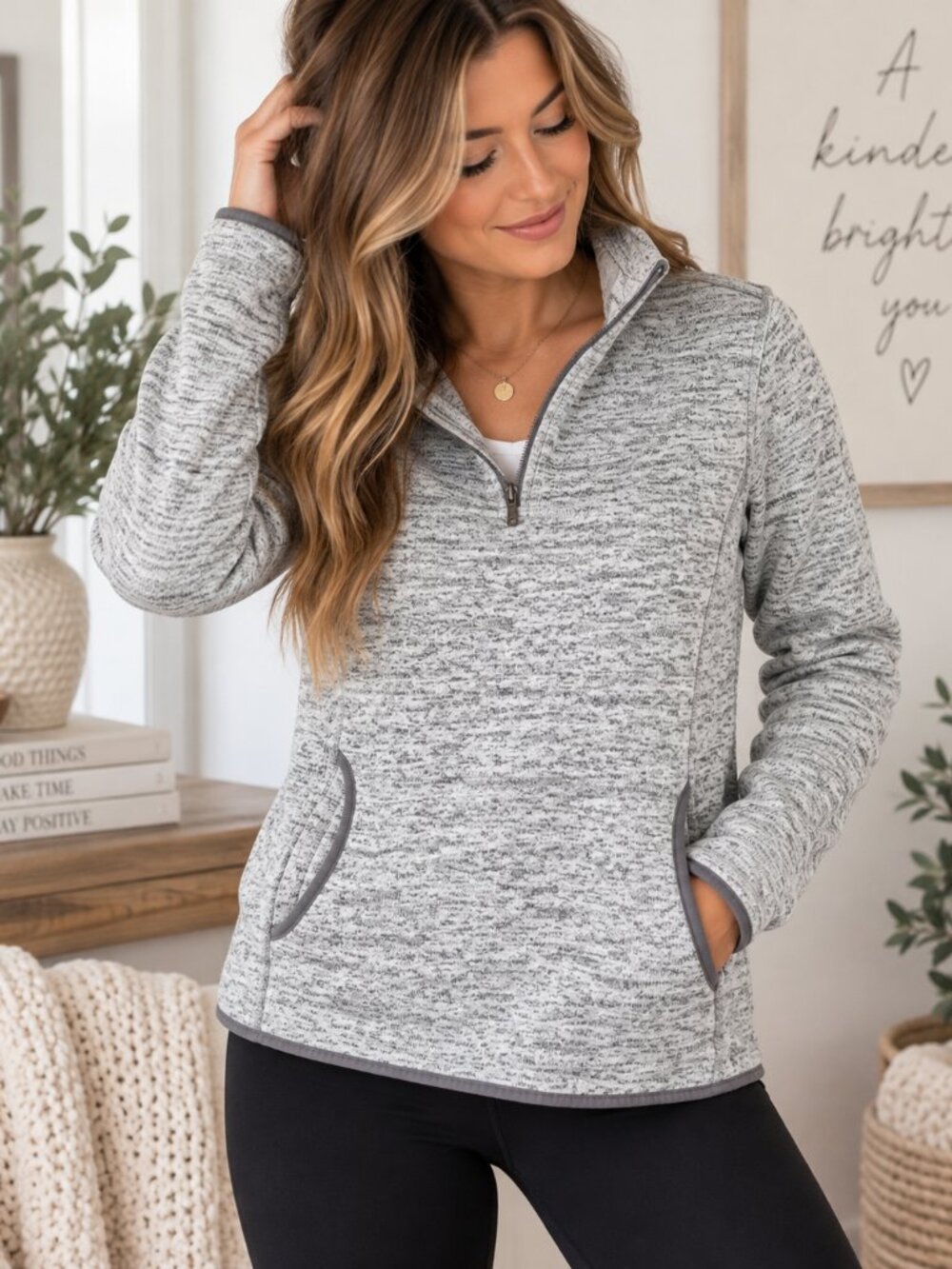 Altard State Gray Marled Quarter Zip Pullover Sweater Small
